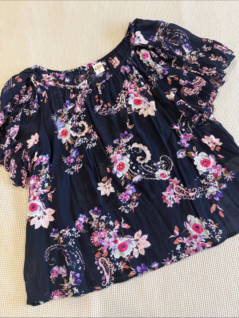 Bila Navy Floral Off-Shoulder Blouse with Pink & Purple Accents